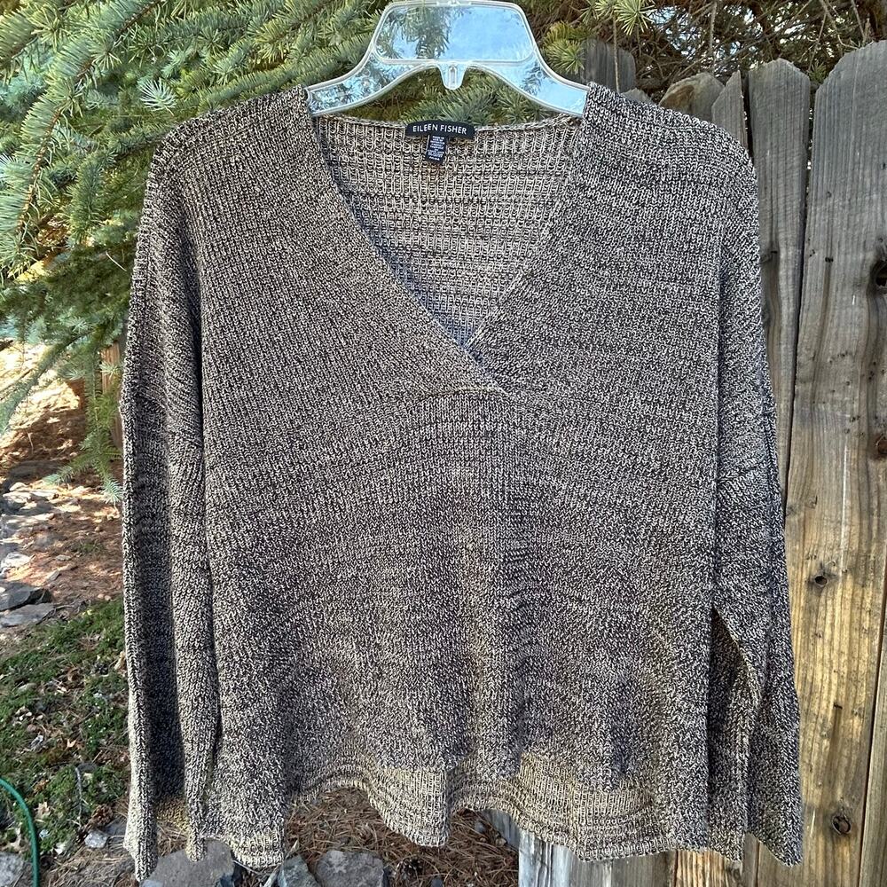 Eileen Fisher Medium Black Gray Marled Knit Sweater Boxy V-Neck Relaxed Fit